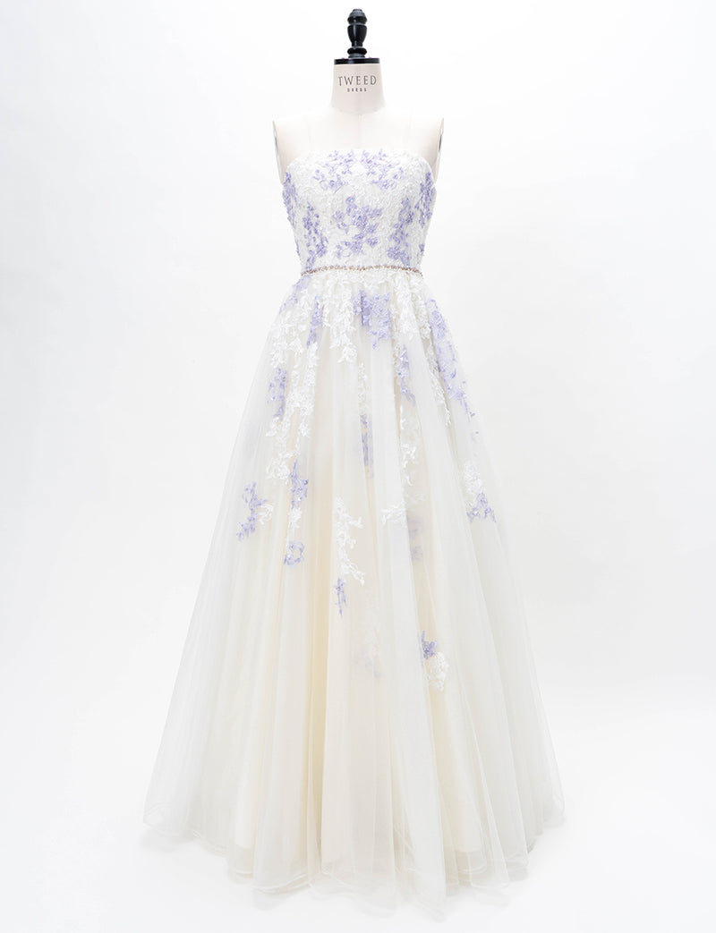 TWEED DRESS(ツイードドレス)のアイボリー×ラベンダーロングドレス・チュール｜TD1837-IYLVのトルソー全身正面画像です。