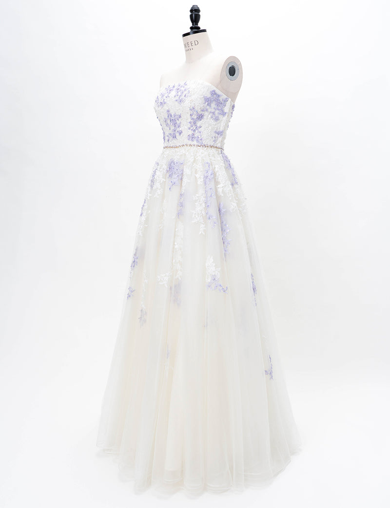 TWEED DRESS(ツイードドレス)のアイボリー×ラベンダーロングドレス・チュール｜TD1837-IYLVのトルソー全身斜め画像です。