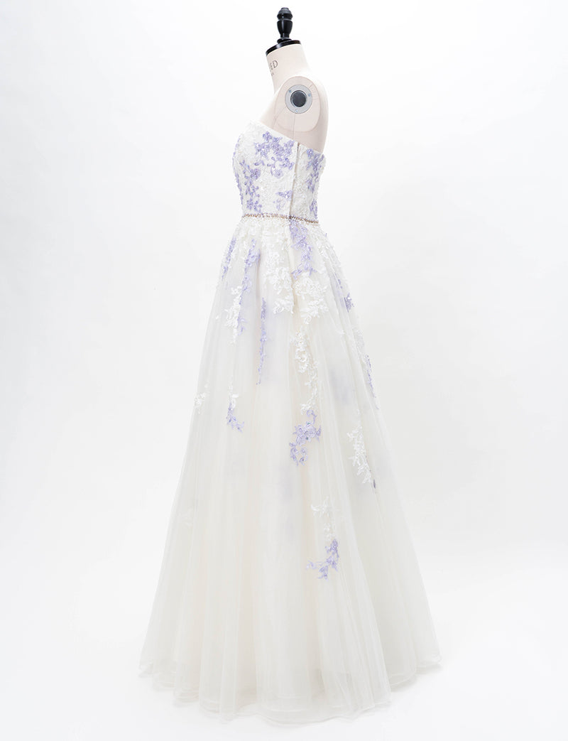 TWEED DRESS(ツイードドレス)のアイボリー×ラベンダーロングドレス・チュール｜TD1837-IYLVのトルソー全身側面画像です。