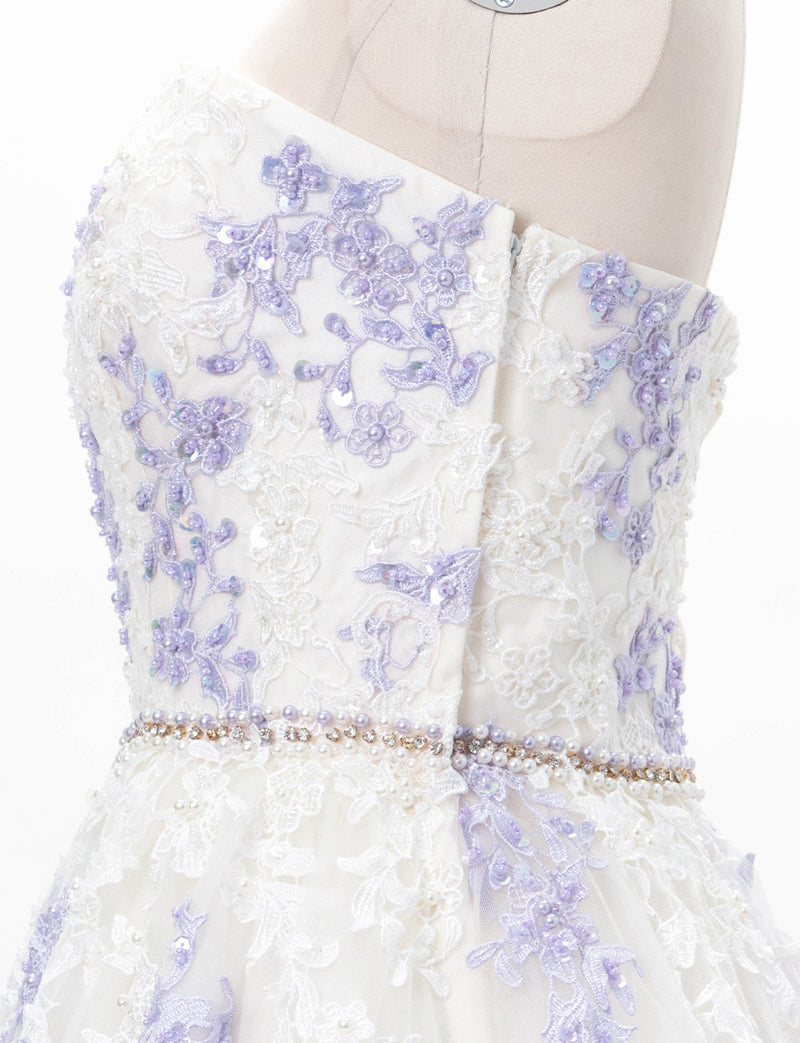 TWEED DRESS(ツイードドレス)のアイボリー×ラベンダーロングドレス・チュール｜TD1837-IYLVのトルソー全身側面画像です。