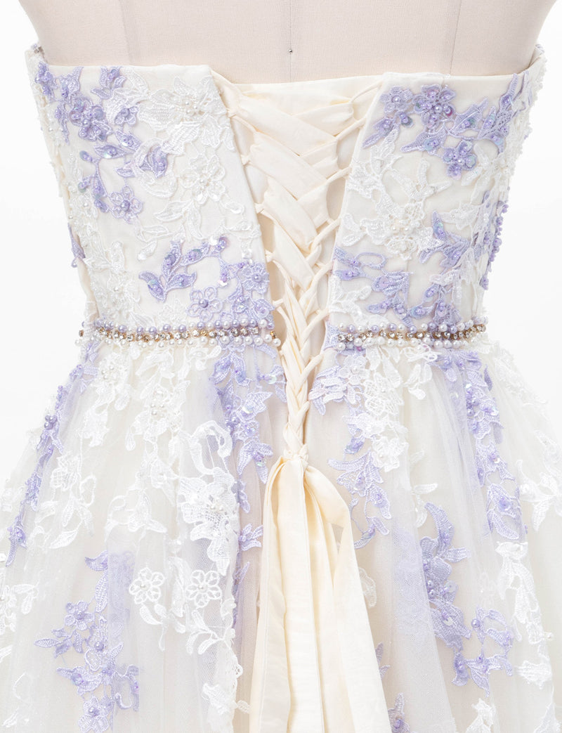 TWEED DRESS(ツイードドレス)のアイボリー×ラベンダーロングドレス・チュール｜TD1837-IYLVのトルソー全身背面画像です。