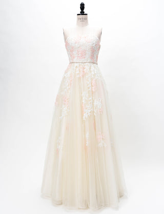 TWEED DRESS(ツイードドレス)のアイボリー×ピンクロングドレス・チュール｜TD1837-IYPKのトルソー全身正面画像です。