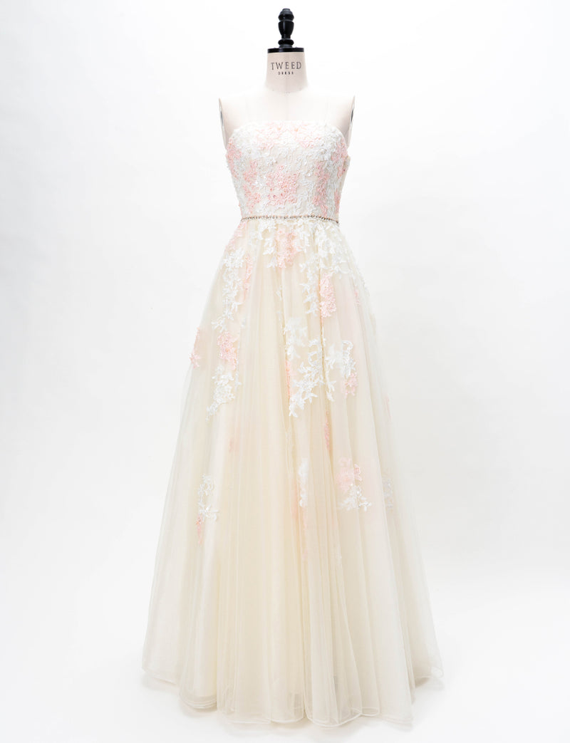TWEED DRESS(ツイードドレス)のアイボリー×ピンクロングドレス・チュール｜TD1837-IYPKのトルソー全身正面画像です。