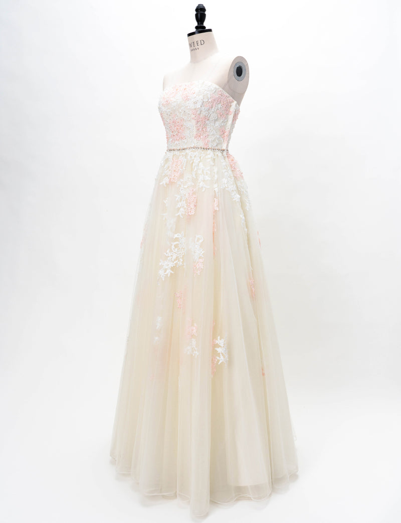 TWEED DRESS(ツイードドレス)のアイボリー×ピンクロングドレス・チュール｜TD1837-IYPKのトルソー全身斜め画像です。