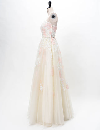 TWEED DRESS(ツイードドレス)のアイボリー×ピンクロングドレス・チュール｜TD1837-IYPKのトルソー全身側面画像です。