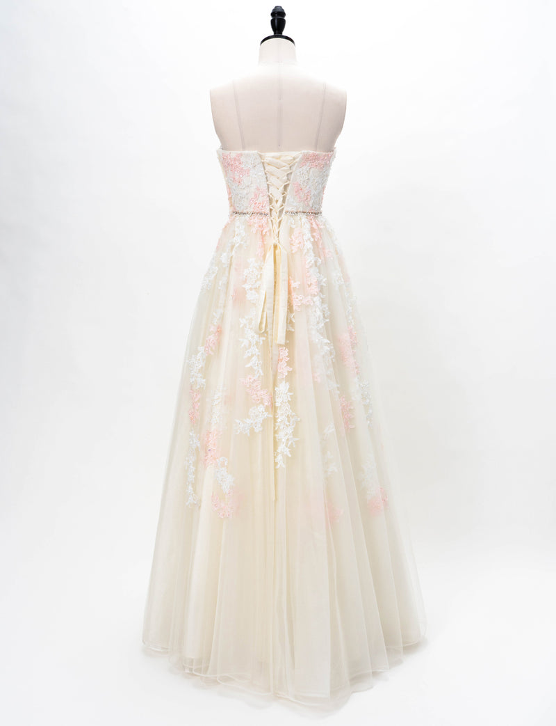 TWEED DRESS(ツイードドレス)のアイボリー×ピンクロングドレス・チュール｜TD1837-IYPKのトルソー全身背面画像です。