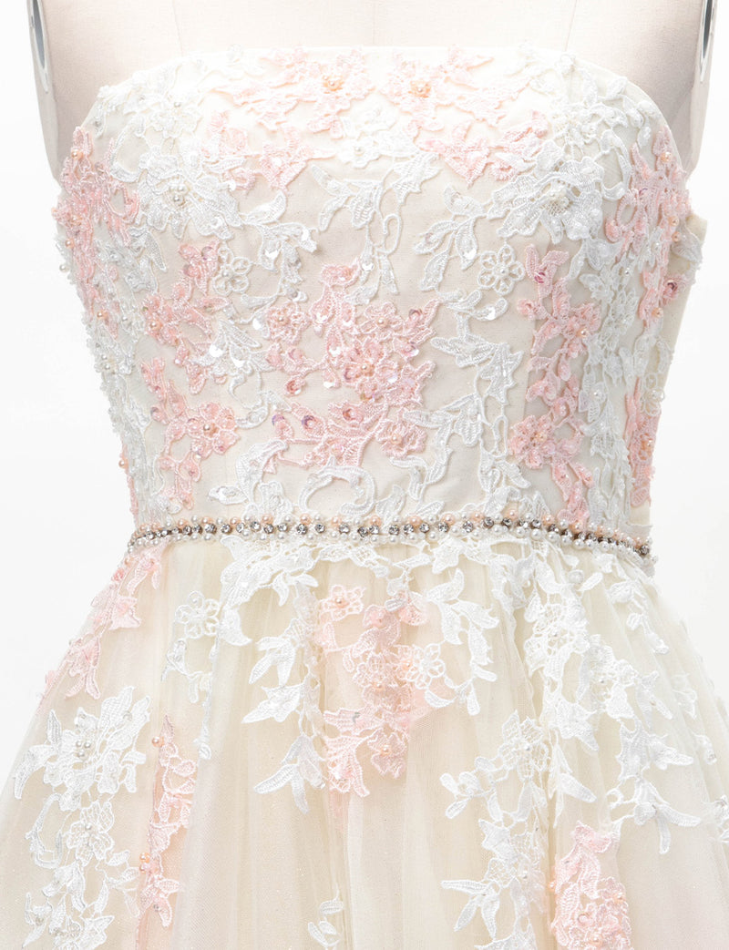 TWEED DRESS(ツイードドレス)のアイボリー×ピンクロングドレス・チュール｜TD1837-IYPKのトルソー上半身正面画像です。