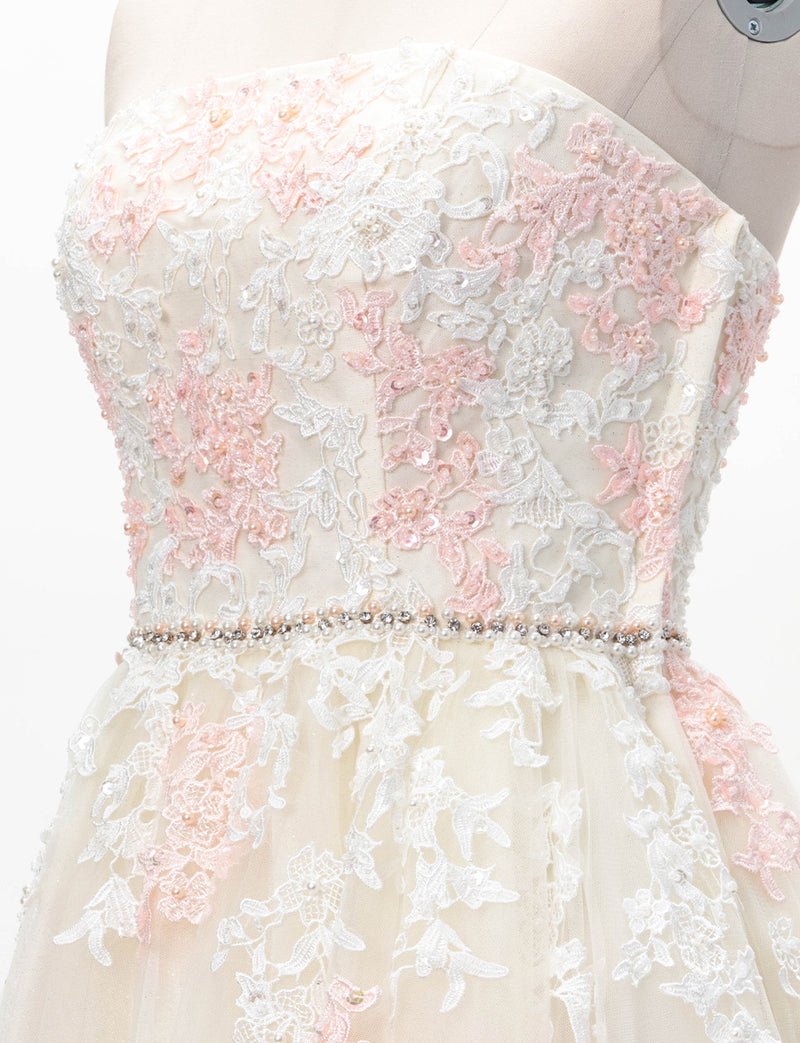 TWEED DRESS(ツイードドレス)のアイボリー×ピンクロングドレス・チュール｜TD1837-IYPKのトルソー上半身斜め画像です。