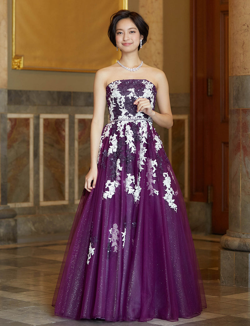 TWEED DRESS(ツイードドレス)のプラムロングドレス・チュール｜TD1837-PMの全身正面画像です。