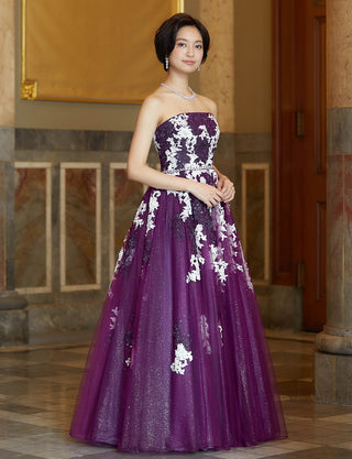 TWEED DRESS(ツイードドレス)のプラムロングドレス・チュール｜TD1837-PMの全身斜め画像です。