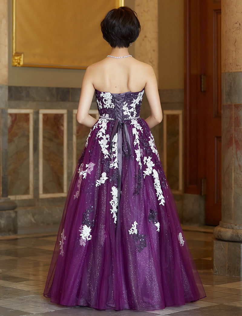 TWEED DRESS(ツイードドレス)のプラムロングドレス・チュール｜TD1837-PMの全身背面画像です。