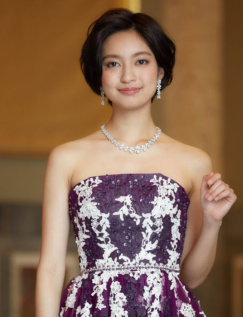 TWEED DRESS(ツイードドレス)のプラムロングドレス・チュール｜TD1837-PMの上半身正面画像です。