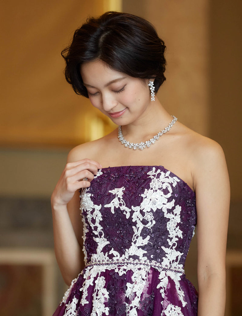 TWEED DRESS(ツイードドレス)のプラムロングドレス・チュール｜TD1837-PMの上半身斜め画像です。