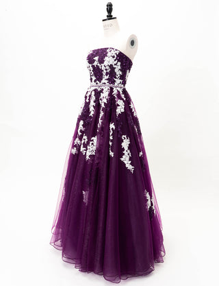 TWEED DRESS(ツイードドレス)のプラムロングドレス・チュール｜TD1837-PMのトルソー全身斜め画像です。