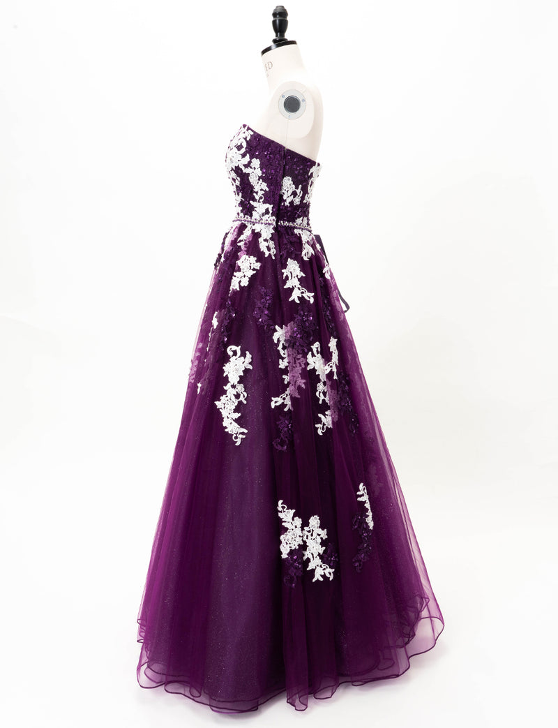 TWEED DRESS(ツイードドレス)のプラムロングドレス・チュール｜TD1837-PMのトルソー全身側面画像です。