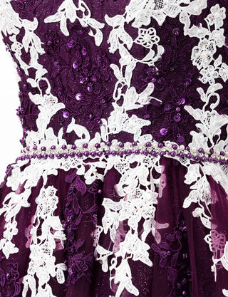 TWEED DRESS(ツイードドレス)のプラムロングドレス・チュール｜TD1837-PMのウエストビジュ装飾拡大画像です。