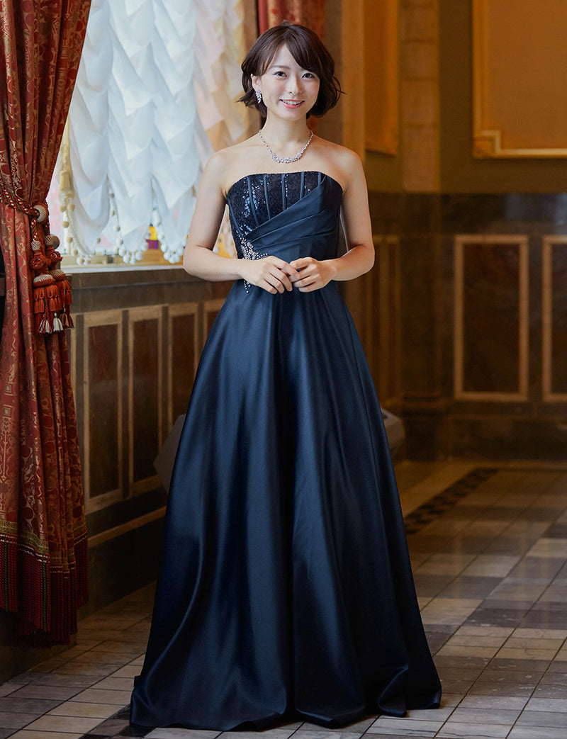 TWEED DRESS(ツイードドレス)のダークネイビーロングドレス・サテン｜TD1839-DNYの全身正面画像です。