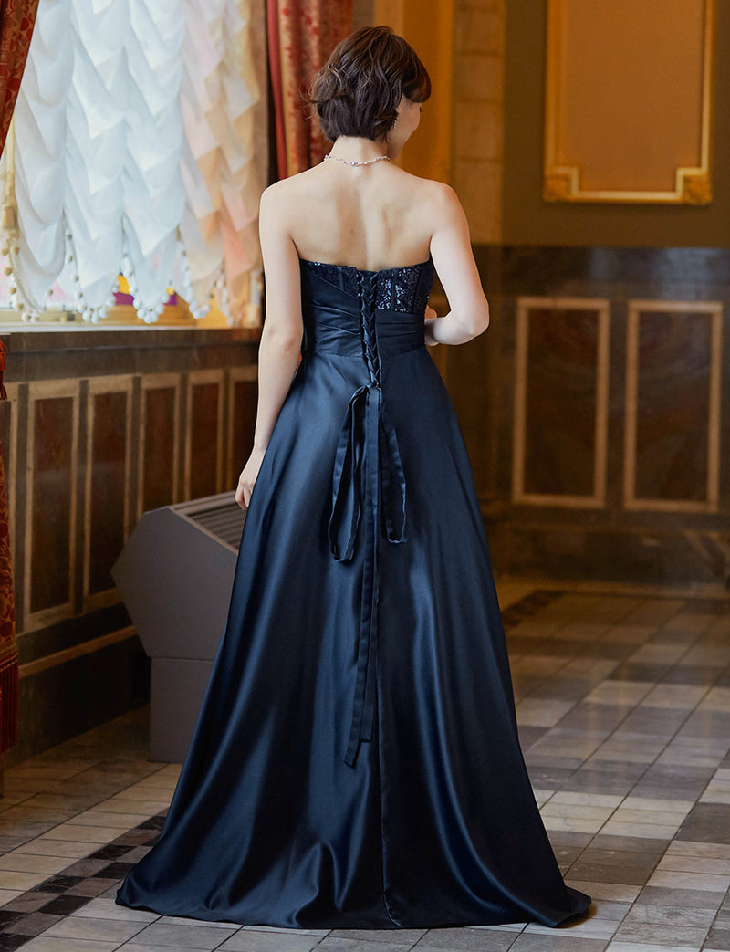 TWEED DRESS(ツイードドレス)のダークネイビーロングドレス・サテン｜TD1839-DNYの全身背面画像です。