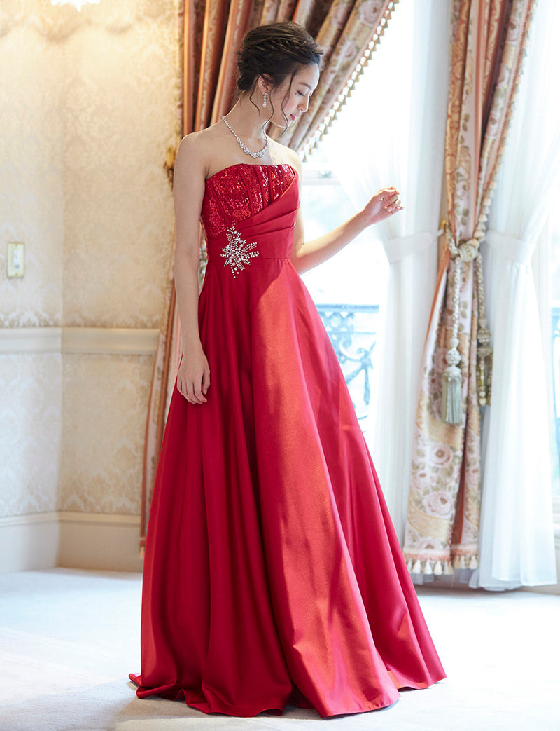 TWEED DRESS(ツイードドレス)のダークレッドロングドレス・サテン｜TD1839-DRDの全身正面画像です。