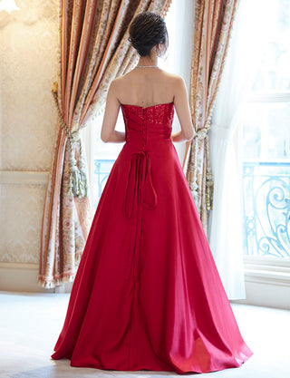 TWEED DRESS(ツイードドレス)のダークレッドロングドレス・サテン｜TD1839-DRDの全身背面画像です。