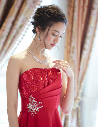 TWEED DRESS(ツイードドレス)のダークレッドロングドレス・サテン｜TD1839-DRDの上半身斜め画像です。