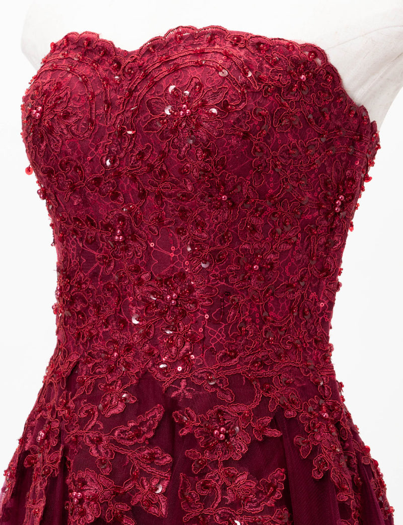TWEED DRESS(ツイードドレス)のレッドブラックロングドレス・チュール｜TD1840-RBKのトルソー上半身斜め画像です。