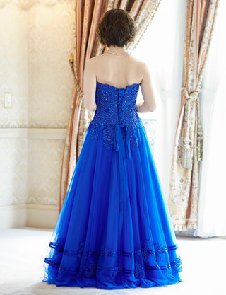 TWEED DRESS(ツイードドレス)のロイヤルブルーロングドレス・チュール｜TD1840-RBLの全身背面画像です。