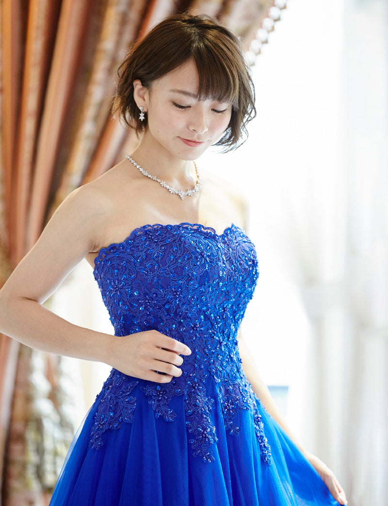 TWEED DRESS(ツイードドレス)のロイヤルブルーロングドレス・チュール｜TD1840-RBLの上半身斜め画像です。