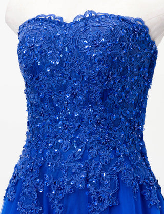 TWEED DRESS(ツイードドレス)のロイヤルブルーロングドレス・チュール｜TD1840-RBLのトルソー上半身斜め画像です。