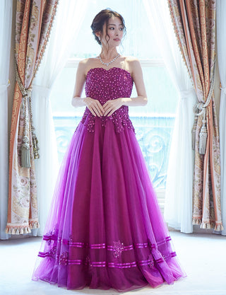 TWEED DRESS(ツイードドレス)のラズベリーレッドロングドレス・チュール｜TD1840-RYRDの全身正面画像です。