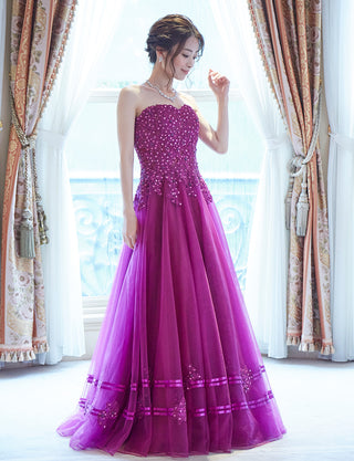 TWEED DRESS(ツイードドレス)のラズベリーレッドロングドレス・チュール｜TD1840-RYRDの全身斜め画像です。