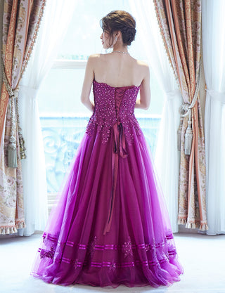 TWEED DRESS(ツイードドレス)のラズベリーレッドロングドレス・チュール｜TD1840-RYRDの全身背面画像です。