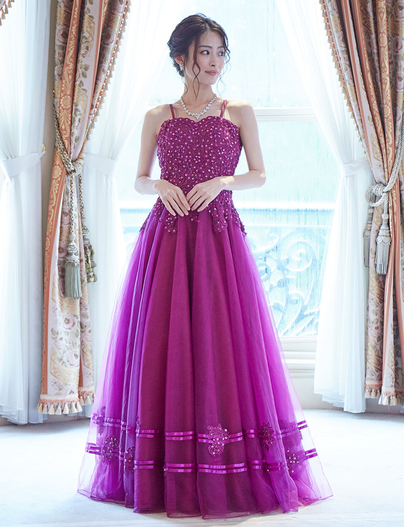 TWEED DRESS(ツイードドレス)のラズベリーレッドロングドレス・チュール｜TD1840-RYRDの全身正面ストラップ着用画像です。