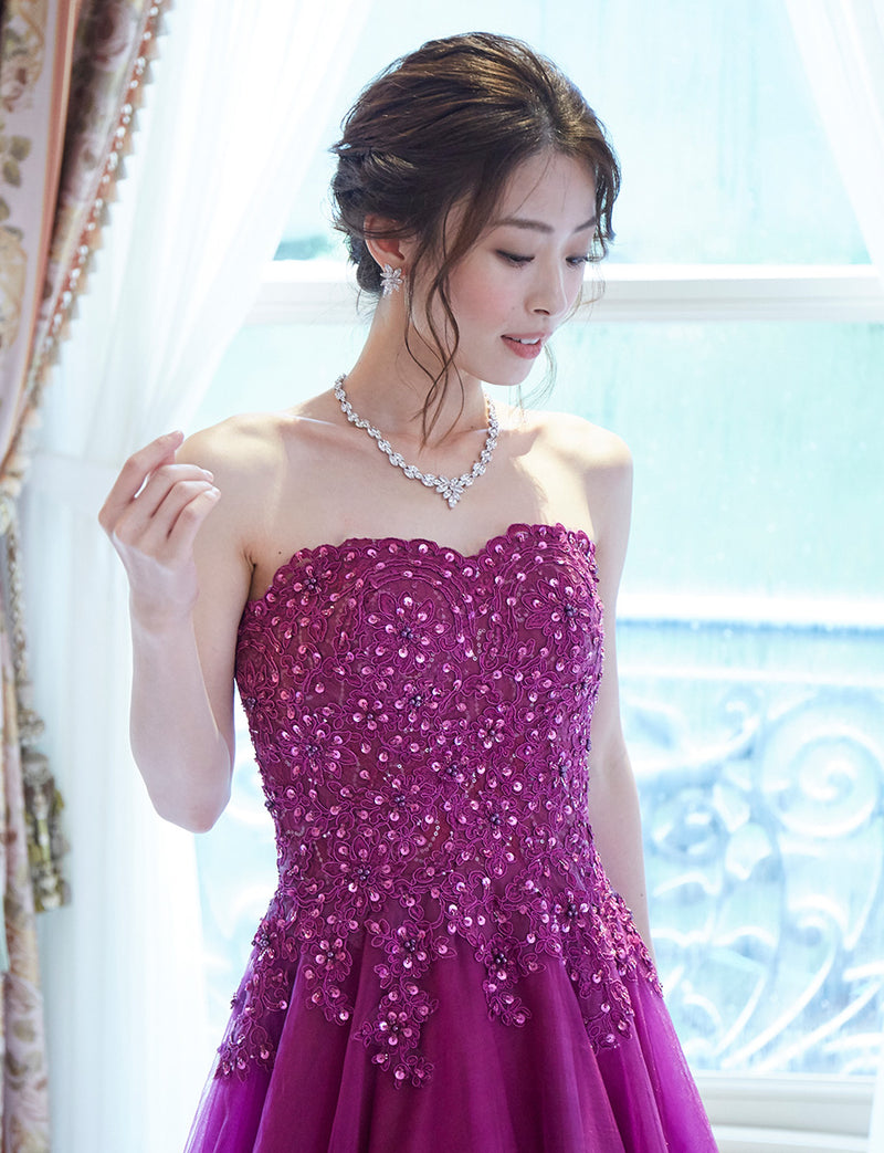TWEED DRESS(ツイードドレス)のラズベリーレッドロングドレス・チュール｜TD1840-RYRDの上半身斜め画像です。