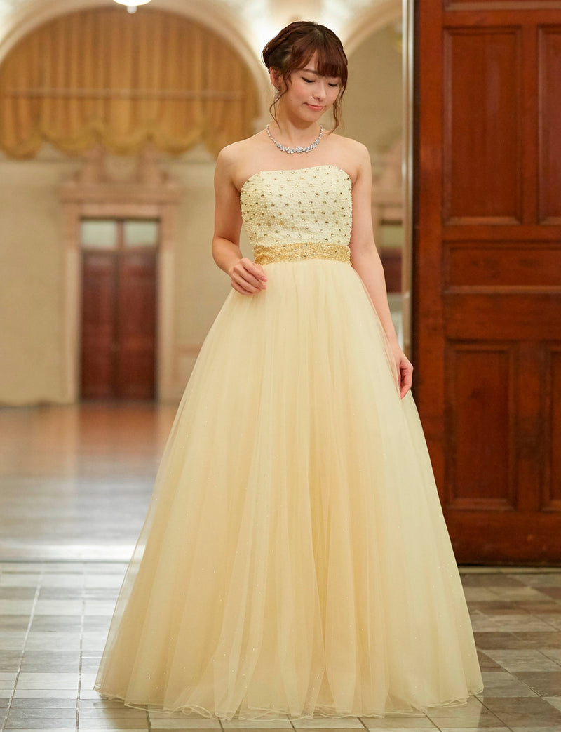 TWEED DRESS(ツイードドレス)のシャンパンゴールドロングドレス・チュール｜TD1852-CGDの全身正面画像です。