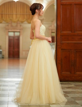 TWEED DRESS(ツイードドレス)のシャンパンゴールドロングドレス・チュール｜TD1852-CGDの全身側面画像です。