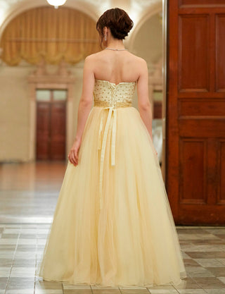 TWEED DRESS(ツイードドレス)のシャンパンゴールドロングドレス・チュール｜TD1852-CGDの全身背面画像です。