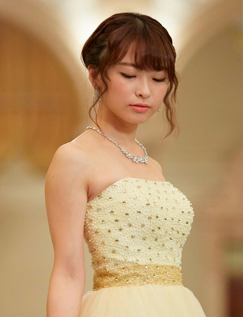 TWEED DRESS(ツイードドレス)のシャンパンゴールドロングドレス・チュール｜TD1852-CGDの上半身斜め画像です。