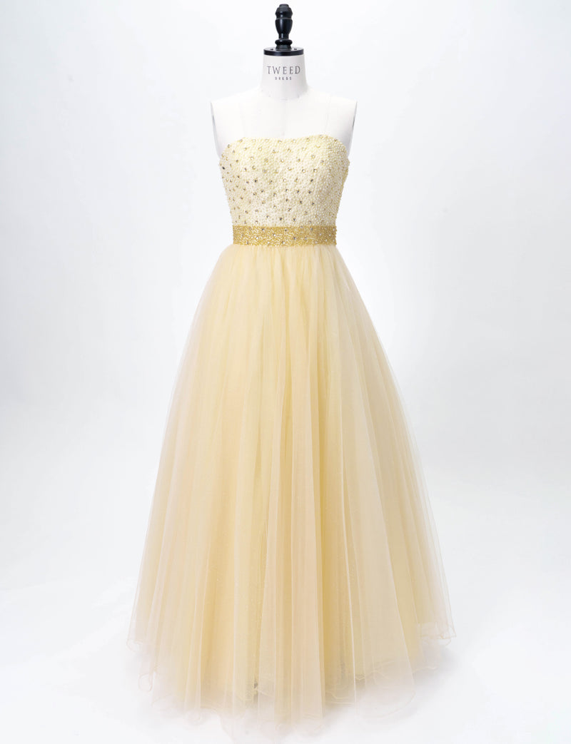 TWEED DRESS(ツイードドレス)のシャンパンゴールドロングドレス・チュール｜TD1852-CGDのトルソー全身正面画像です。
