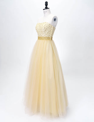 TWEED DRESS(ツイードドレス)のシャンパンゴールドロングドレス・チュール｜TD1852-CGDのトルソー全身斜め画像です。