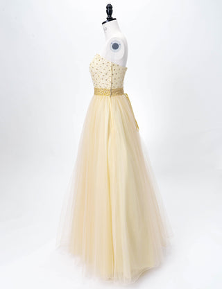 TWEED DRESS(ツイードドレス)のシャンパンゴールドロングドレス・チュール｜TD1852-CGDのトルソー全身側面画像です。