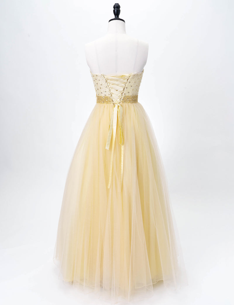 TWEED DRESS(ツイードドレス)のシャンパンゴールドロングドレス・チュール｜TD1852-CGDのトルソー全身背面画像です。