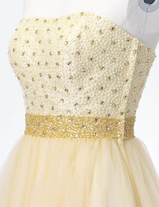 TWEED DRESS(ツイードドレス)のシャンパンゴールドロングドレス・チュール｜TD1852-CGDのトルソー上半身斜め画像です。