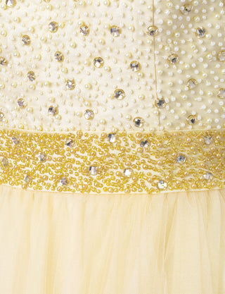 TWEED DRESS(ツイードドレス)のシャンパンゴールドロングドレス・チュール｜TD1852-CGDのウエストビジュ装飾拡大画像です。