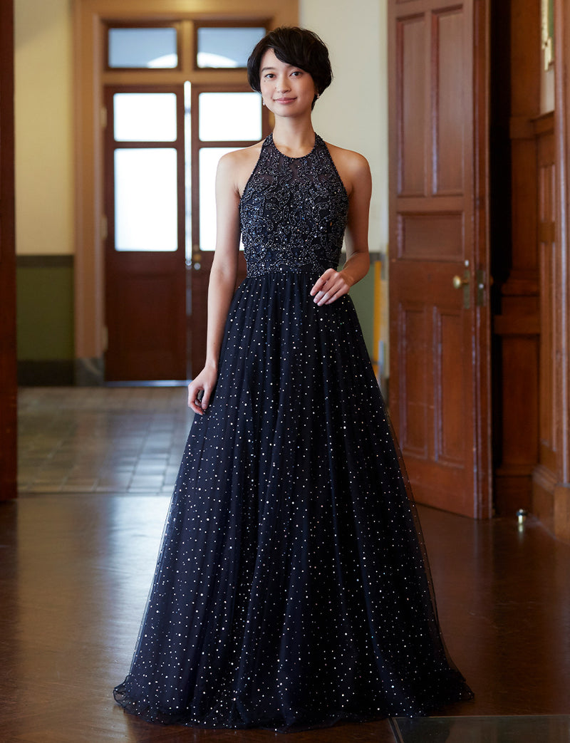TWEED DRESS(ツイードドレス)のダークネイビーロングドレス・チュール｜TD1853-DNYの全身正面画像です。