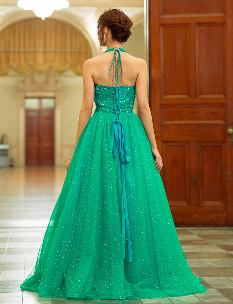 TWEED DRESS(ツイードドレス)のグリーンロングドレス・チュール｜TD1853-GNの全身背面画像です。