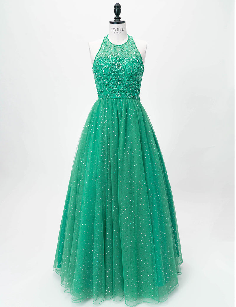 TWEED DRESS(ツイードドレス)のグリーンロングドレス・チュール｜TD1853-GNのトルソー全身正面画像です。