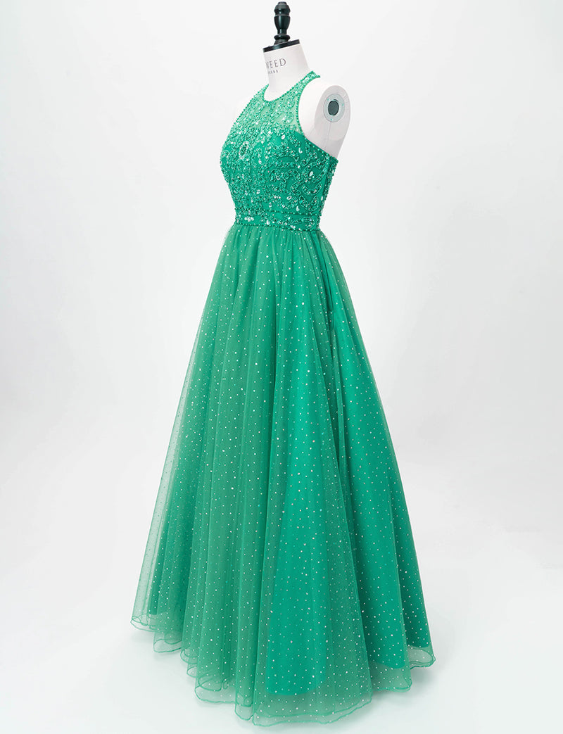 TWEED DRESS(ツイードドレス)のグリーンロングドレス・チュール｜TD1853-GNのトルソー全身斜め画像です。