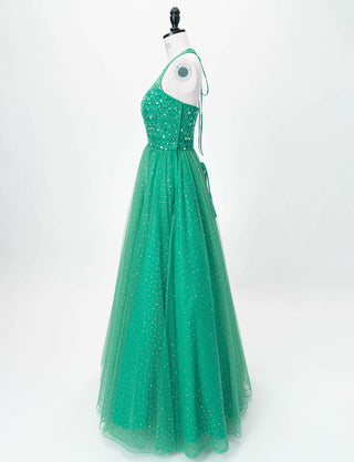 TWEED DRESS(ツイードドレス)のグリーンロングドレス・チュール｜TD1853-GNのトルソー全身側面画像です。
