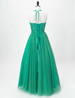 TWEED DRESS(ツイードドレス)のグリーンロングドレス・チュール｜TD1853-GNのトルソー全身背面画像です。